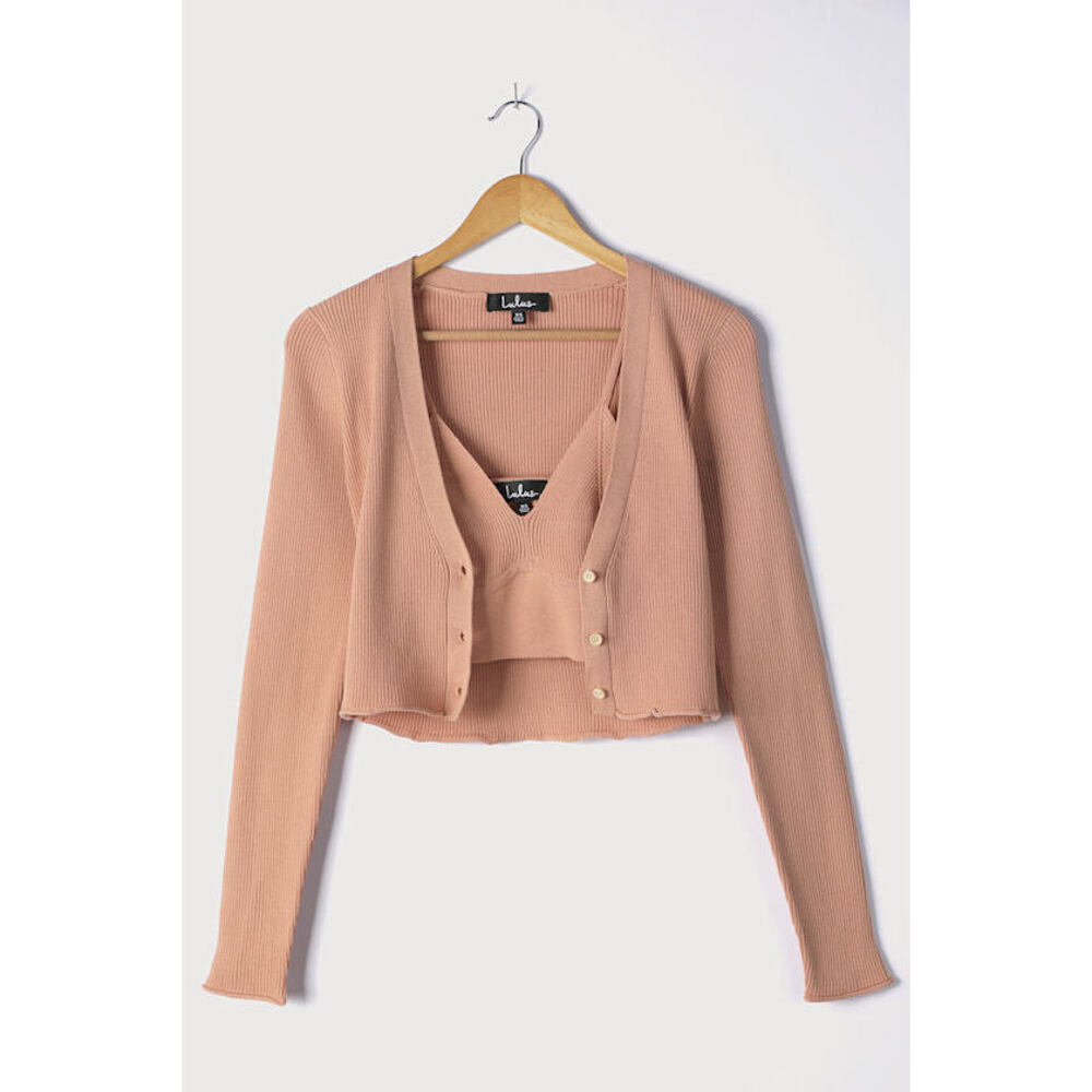 Lulus Two Cute Peach Ribbed Knit Crop Top And Cardigan Sweater Set Orange